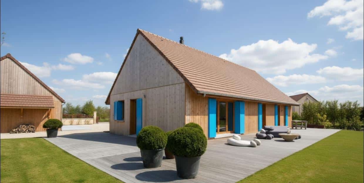 Maison en bois moderne avec volets bleus - analyse technique CRTE